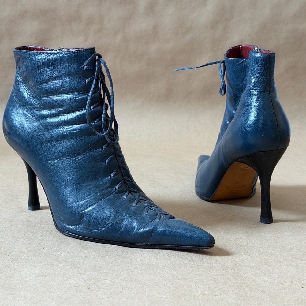 Chic Navy Leather Lace-Up Heeled Boots 12 All Leather